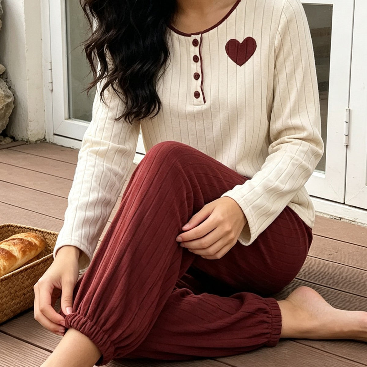 [WHOLESALE ONLY - CONTACT TO ORDER] Women's Ribbed Knit Long Sleeve Henley Top & Jogger Pants 2-Piece Pajama Set with Heart Patch (Cream White / Wine Red) [AW-351]