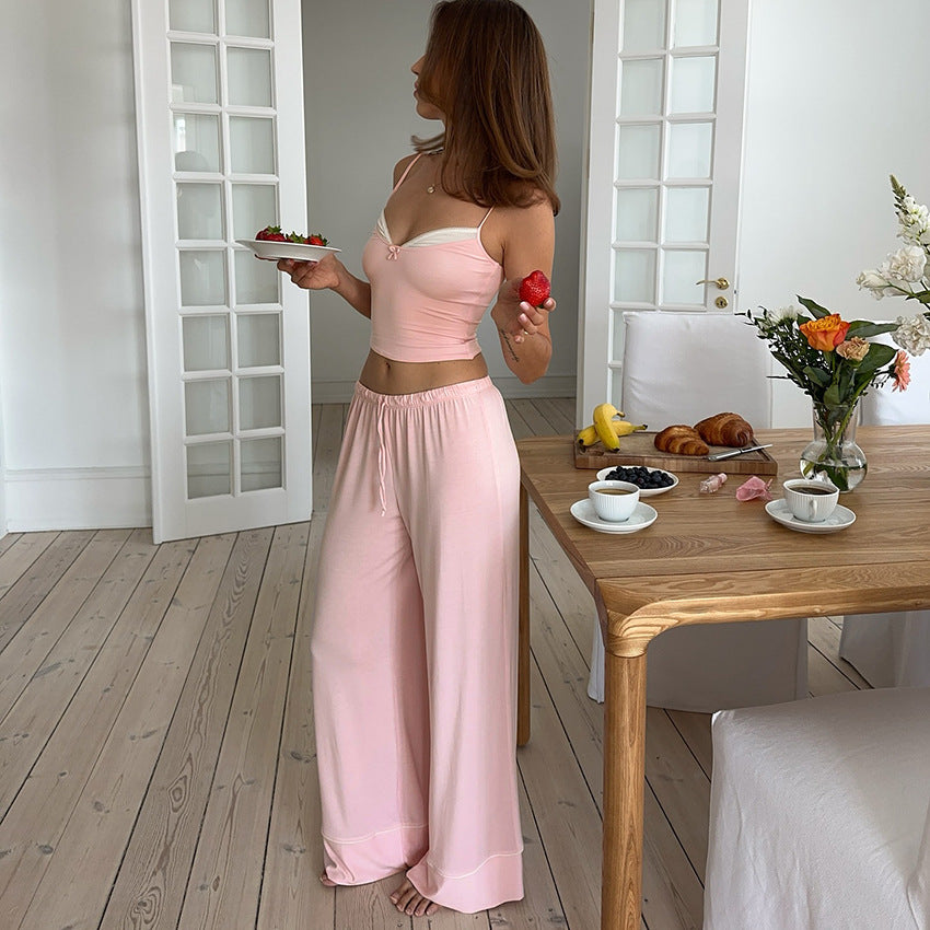 [WHOLESALE ONLY - CONTACT TO ORDER] Women's Cotton Blend 2-Piece Layered Lace-Trim Cami & Palazzo Wide-Leg Pants Pajama Set (Pastel Pink) [AW-545]