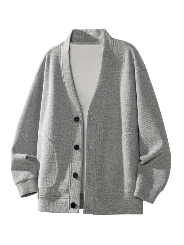 [WHOLESALE ONLY - CONTACT TO ORDER] Men's Korean Clean Fit Heavyweight Waffle Knit V-Neck Button-Up Cardigan (Heather Grey Melange) [AW-338]
