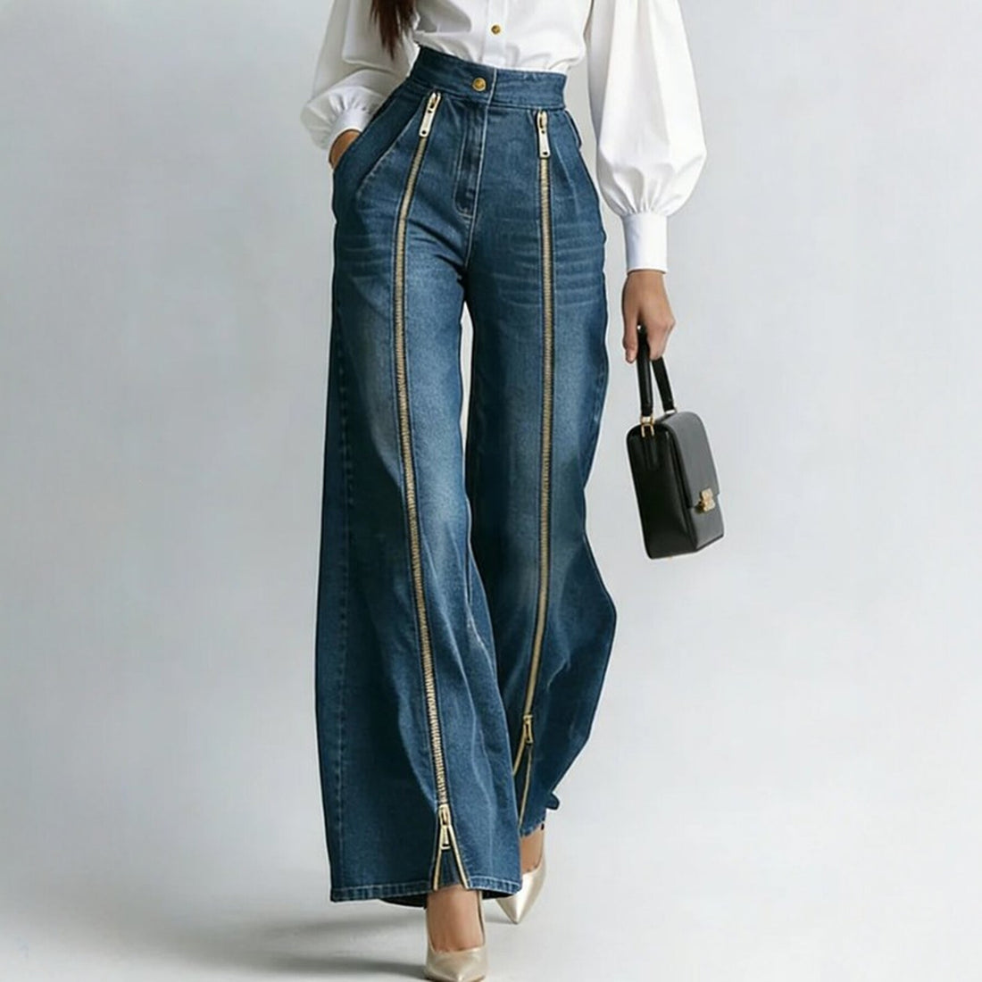[WHOLESALE ONLY - CONTACT TO ORDER] Women's High-Rise Double Front Zipper Wide-Leg Denim Palazzo Jeans (Vintage Blue) - Catalog Display Only (Do Not Order Directly)