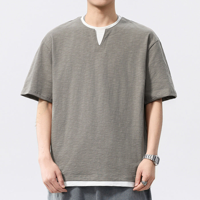 [WHOLESALE ONLY - CONTACT TO ORDER] Unisex Heavyweight 100% Slub Cotton Layered Notched V-Neck Loose Short Sleeve T-Shirt (Muted Khaki Grey) [AW-363]
