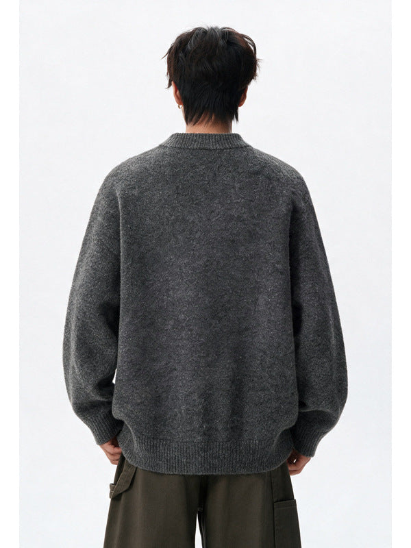 [WHOLESALE ONLY - CONTACT TO ORDER] Men's Korean Clean Fit Brushed Mohair-Touch Collarless Button-Up Cardigan Sweater (Heather Grey Melange) [AW-334]