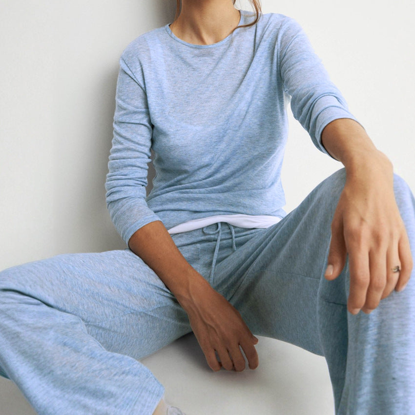 [WHOLESALE ONLY - CONTACT TO ORDER] Women's Cotton Blend 2-Piece Ultra-Soft Long-Sleeve Crewneck Top & Wide-Leg Pants Lounge Set (Heather Blue) [AW-566]