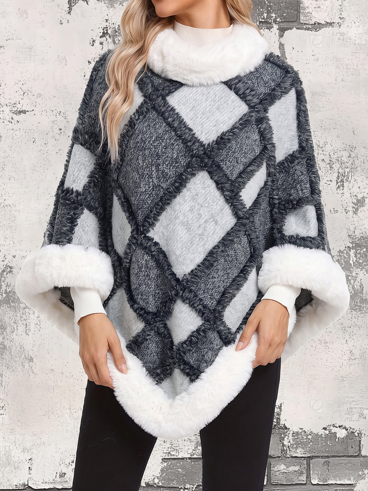 [WHOLESALE ONLY - CONTACT TO ORDER] Women's Elegant Heavyweight Cotton Blend Geometric Plaid Knit Poncho Cape with Plush White Faux Fur Trim (Charcoal & Grey) [AW-294]