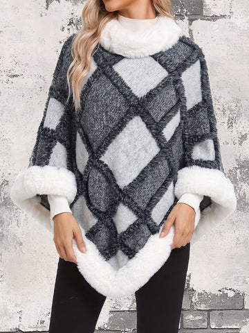 [WHOLESALE ONLY - CONTACT TO ORDER] Women's Elegant Heavyweight Cotton Blend Geometric Plaid Knit Poncho Cape with Plush White Faux Fur Trim (Charcoal & Grey) [AW-294]