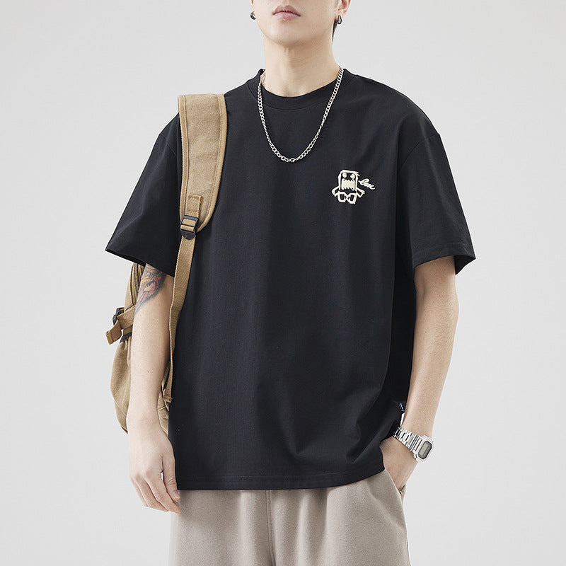 [WHOLESALE ONLY - CONTACT TO ORDER] Men's Clean Fit Heavyweight 100% Combed Cotton Drop-Shoulder T-Shirt with Embroidered Monster Graphic (Jet Black) [AW-324]