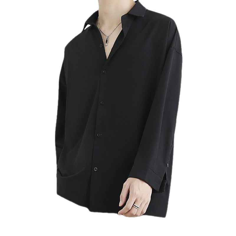 [WHOLESALE ONLY - CONTACT TO ORDER] Men's Minimalist Relaxed Fit Draped Cotton Blend Long Sleeve Button-Up Shirt (Solid Black) [AW-443]