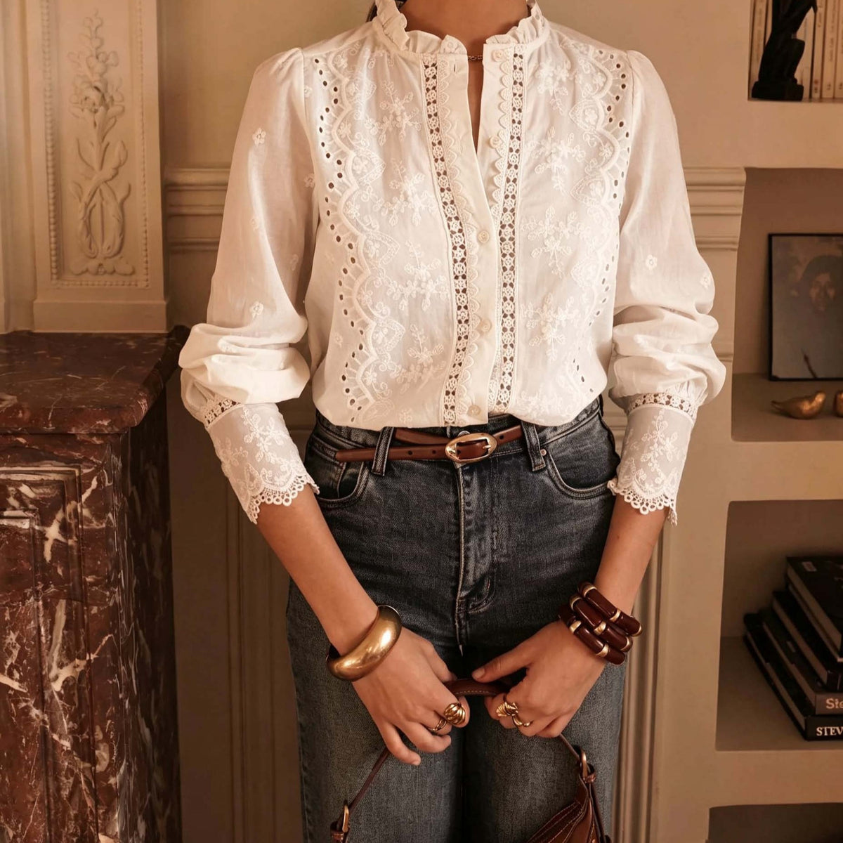 [WHOLESALE ONLY - CONTACT TO ORDER] Women's French Vintage Ruffle Collar 100% Cotton Eyelet Embroidery Long Sleeve Blouse (Cream White) [AW-312]