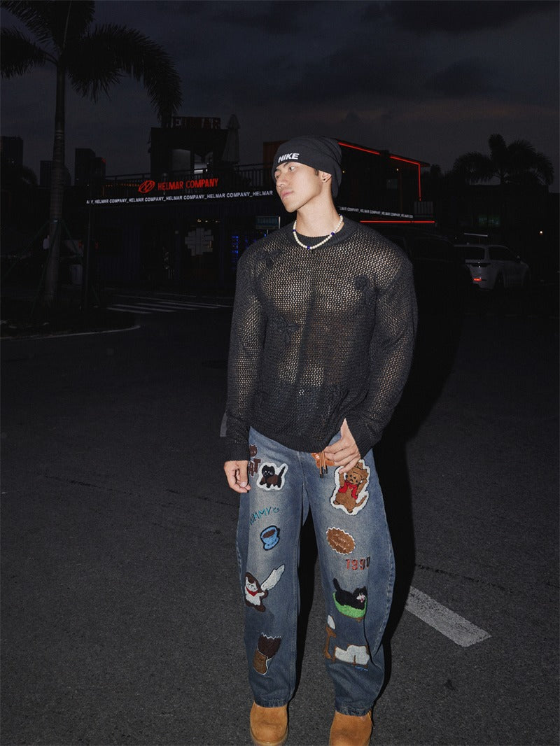 Washed Streetwear Cartoon Charm Loose Wide-Leg Jeans[DROP3-023]