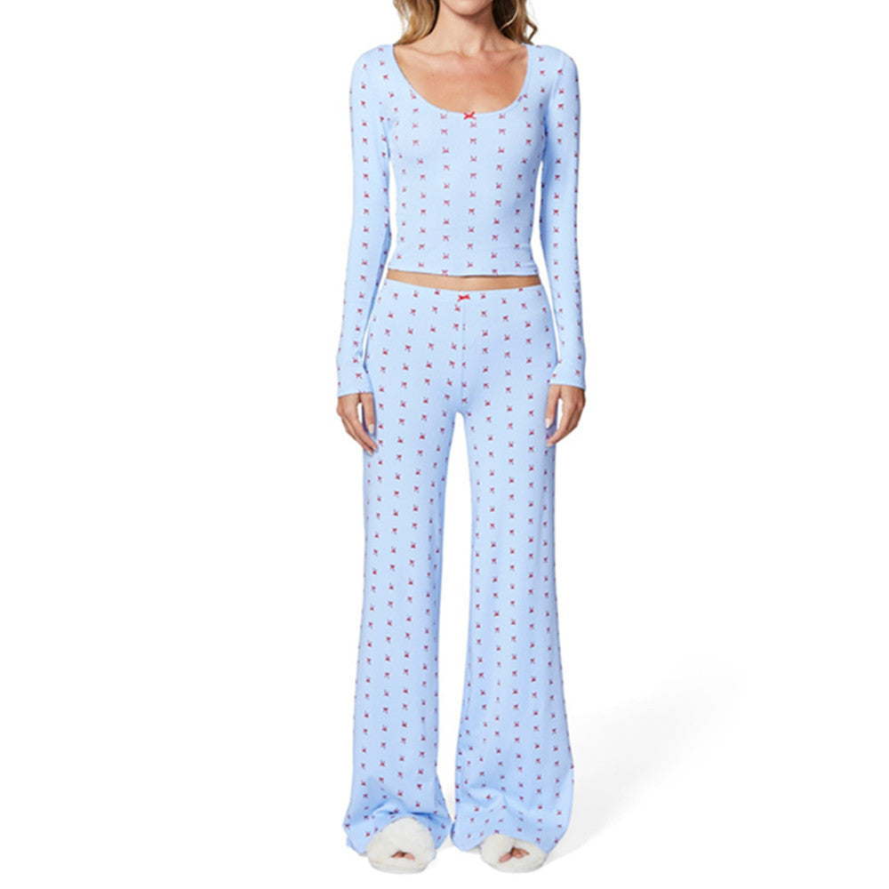 [WHOLESALE ONLY - CONTACT TO ORDER] Women's Cotton Blend 2-Piece Ribbon Bow Scoop-Neck Top & Flared Pants Pajama Set (Pastel Blue) [AW-537]