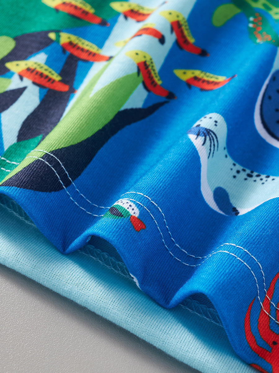 [WHOLESALE ONLY - CONTACT TO ORDER] Toddler & Boys 100% Combed Cotton Ocean World Marine Animals Short Sleeve T-Shirt (Aqua Blue) [KW-239]