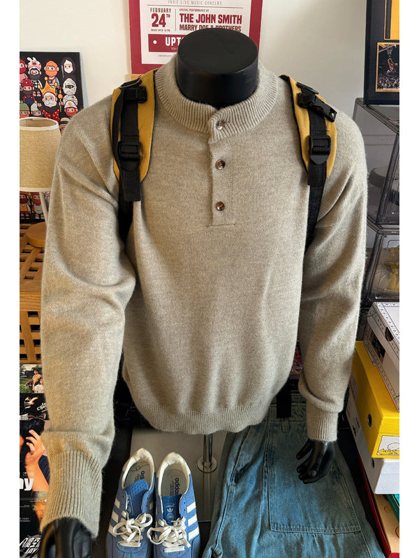 [WHOLESALE ONLY - CONTACT TO ORDER] Men's Korean Clean Fit Brushed Mohair-Touch Knit Henley Pullover Sweater (Oatmeal Beige Melange) [AW-335]