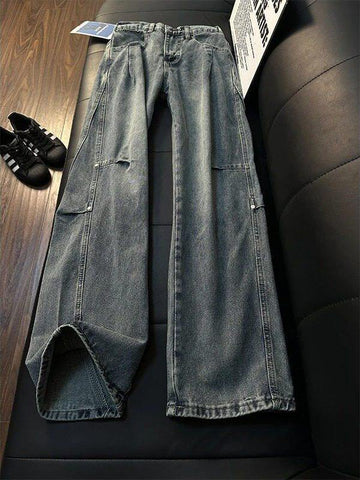 [WHOLESALE ONLY - CONTACT TO ORDER] Men's Heavyweight 100% Cotton Loose Fit Pleated Wide-Leg Jeans with Rivet Hardware (Dusty Indigo) [AW-483]