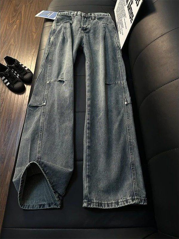 [WHOLESALE ONLY - CONTACT TO ORDER] Men's Heavyweight 100% Cotton Loose Fit Pleated Wide-Leg Jeans with Rivet Hardware (Dusty Indigo) [AW-483]