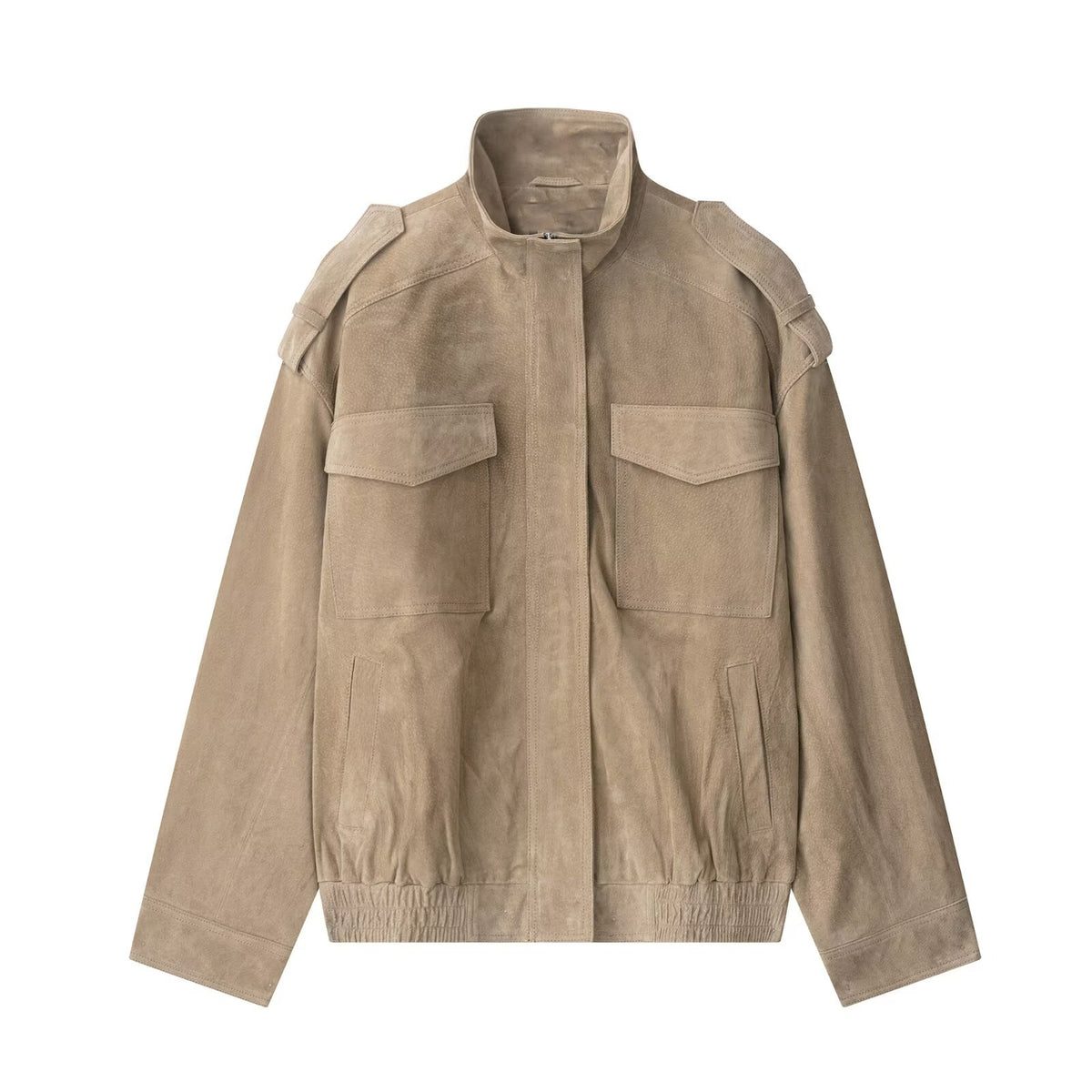 [WHOLESALE ONLY - CONTACT TO ORDER] Women's Oversized Cotton Blend Heavyweight Faux Suede Stand Collar Bomber Jacket with Shoulder Epaulets (Camel Tan) [AW-454]