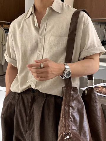 [WHOLESALE ONLY - CONTACT TO ORDER] Men's Relaxed Fit Cotton Linen Short Sleeve Button-Up Shirt with Chest Pocket (Oatmeal Beige) [AW-434]