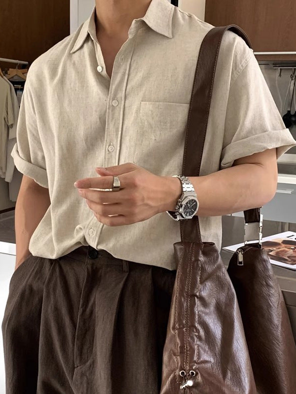 [WHOLESALE ONLY - CONTACT TO ORDER] Men's Relaxed Fit Cotton Linen Short Sleeve Button-Up Shirt with Chest Pocket (Oatmeal Beige) [AW-434]