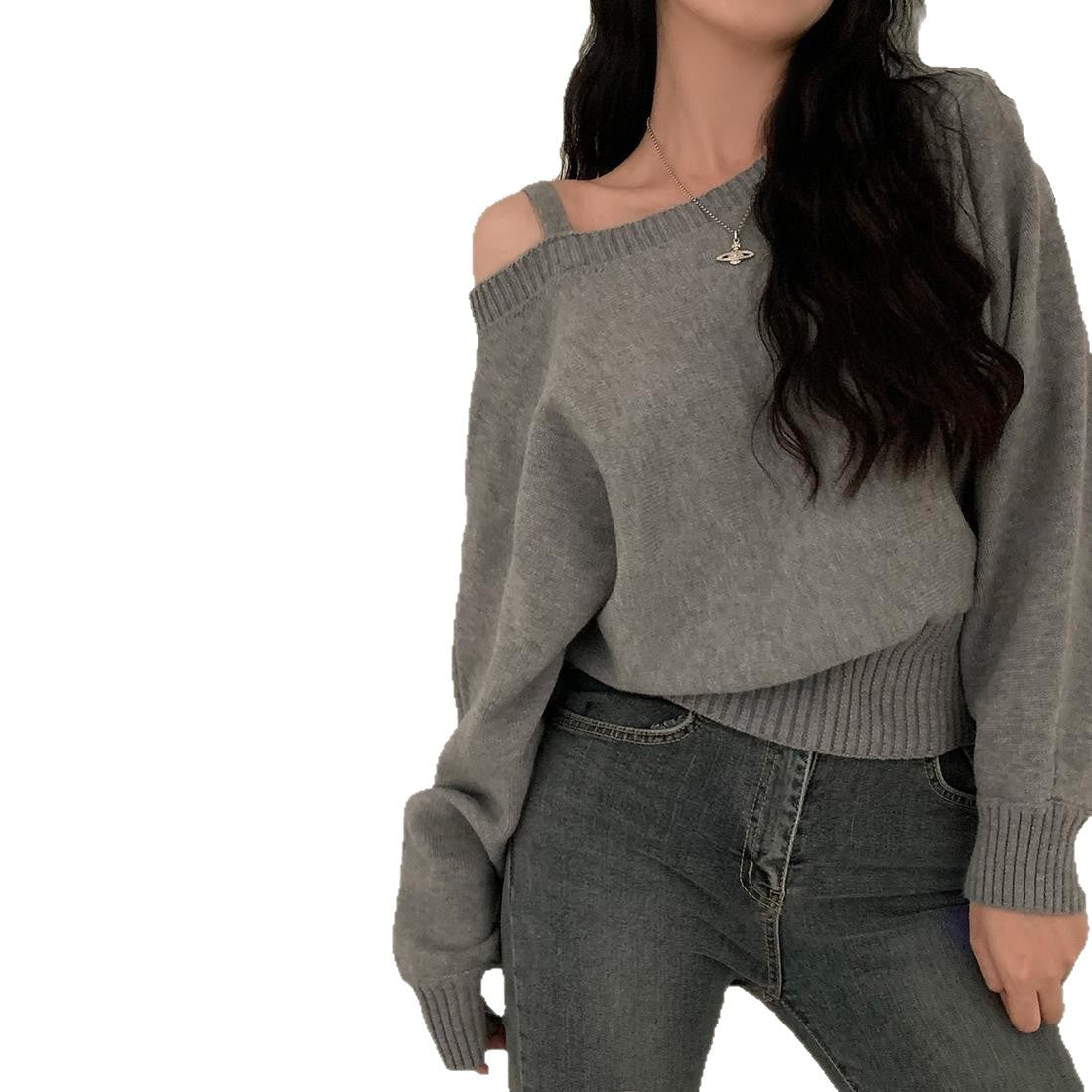 [WHOLESALE ONLY - CONTACT TO ORDER] Women's Slouchy Fit Cotton Blend Asymmetric One-Shoulder Strappy Ribbed Knit Sweater (Heather Grey) [AW-295]