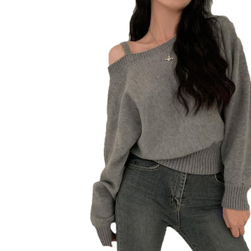 [WHOLESALE ONLY - CONTACT TO ORDER] Women's Slouchy Fit Cotton Blend Asymmetric One-Shoulder Strappy Ribbed Knit Sweater (Heather Grey) [AW-295]