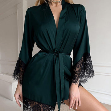 [WHOLESALE ONLY - CONTACT TO ORDER] Women's Elegant Silky Satin Kimono Bathrobe with Scalloped Floral Eyelash Lace Trim (Emerald Green) [AW-307]
