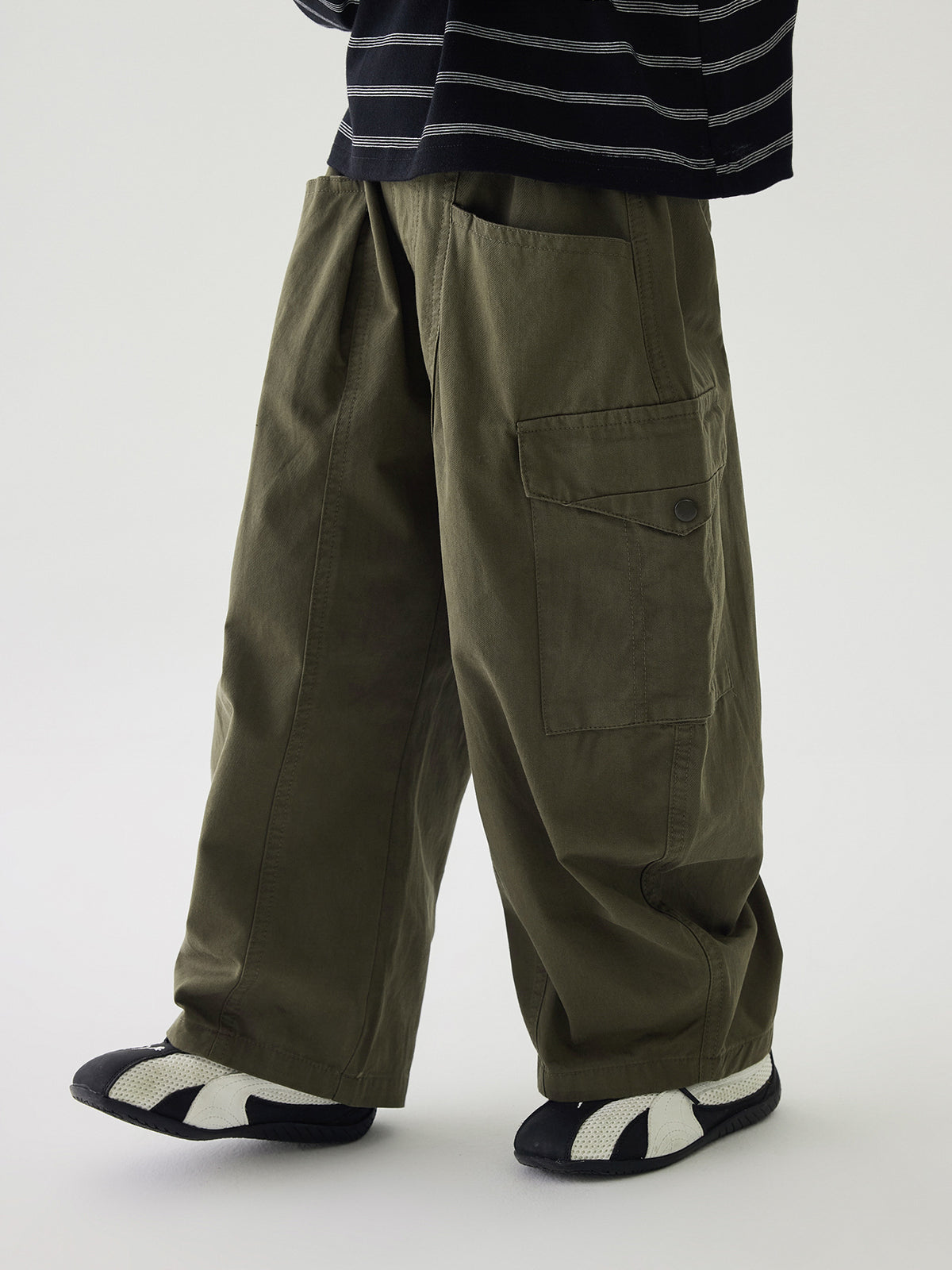 [WHOLESALE ONLY - CONTACT TO ORDER] Kids Unisex Army Green Wide Balloon Leg 100% Cotton Twill Parachute Cargo Pants (Deep Olive) [KW-195]