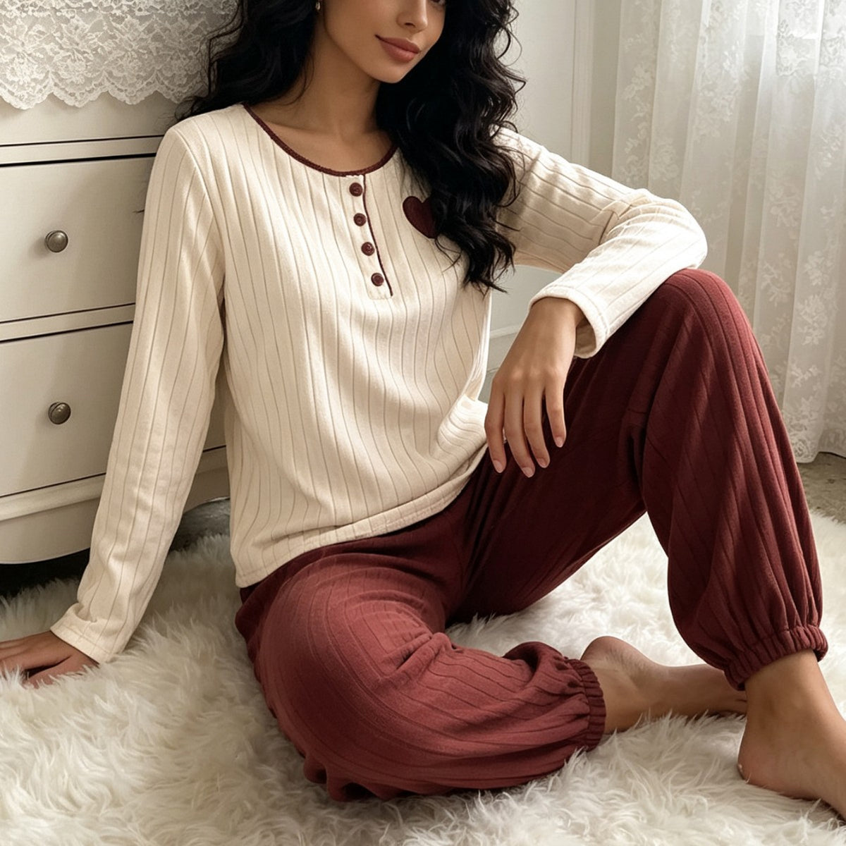 [WHOLESALE ONLY - CONTACT TO ORDER] Women's Ribbed Knit Long Sleeve Henley Top & Jogger Pants 2-Piece Pajama Set with Heart Patch (Cream White / Wine Red) [AW-351]