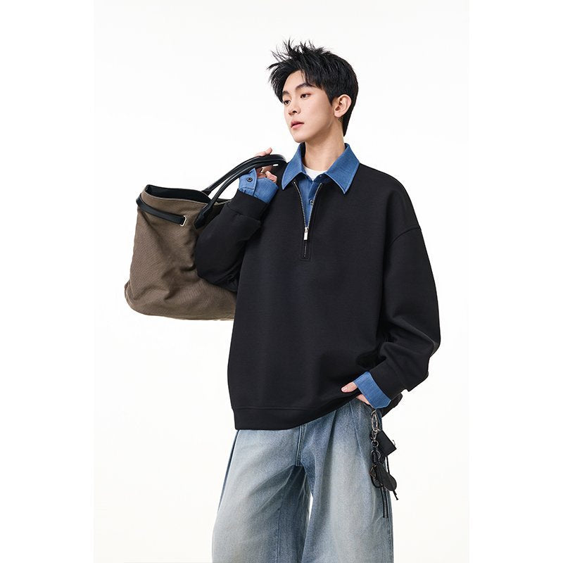 Men’s Half-Zip Sweatshirt with Shirt Layer Detail – Casual Collared Pullover, Relaxed Fit for Fall & Winter[NA-002]