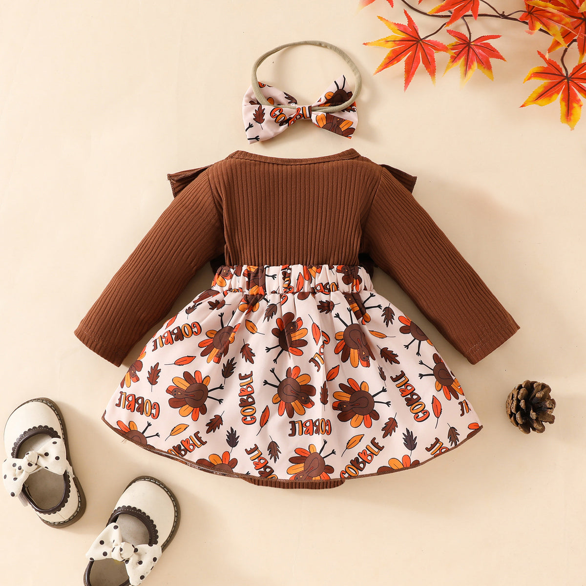 [WHOLESALE ONLY - CONTACT TO ORDER] Baby Girls Thanksgiving 95% Cotton Ribbed Ruffle Turkey Romper Dress with Headband Set (Chestnut Brown) [KW-187]