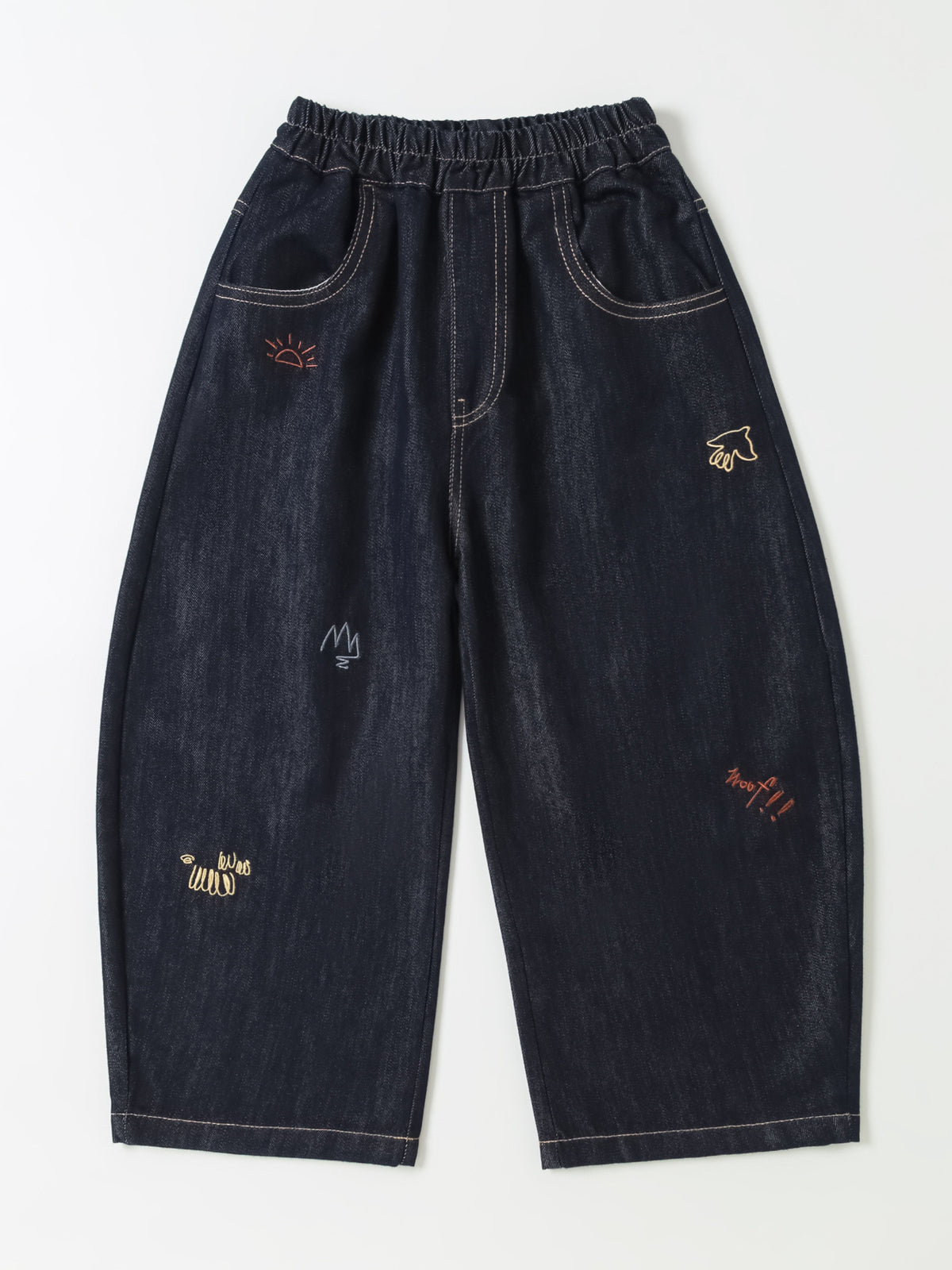 [WHOLESALE ONLY - CONTACT TO ORDER] Kids Unisex Raw Indigo Barrel Balloon Fit 100% Cotton Denim Jeans with Doodle Embroidery (Deep Indigo) [KW-193]