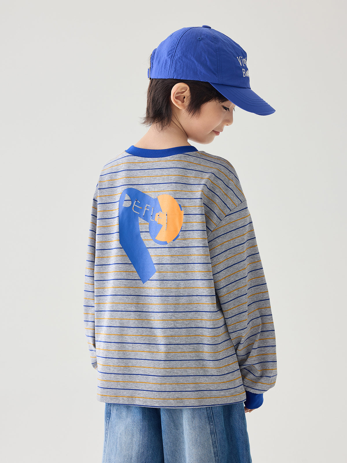 [WHOLESALE ONLY - CONTACT TO ORDER] Kids Unisex Retro Drop-Shoulder 100% Combed Cotton Striped Long Sleeve T-Shirt with Graphic Prints (Heather Grey / Cobalt Blue) [KW-197]