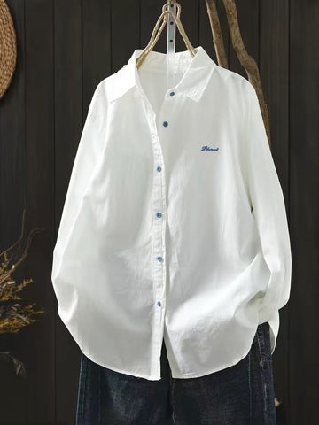 [WHOLESALE ONLY - CONTACT TO ORDER] Unisex Heavyweight 100% Cotton Contrast Blue Button Embroidered Oversized Long Sleeve White Shirt (Optic White) [AW-352]