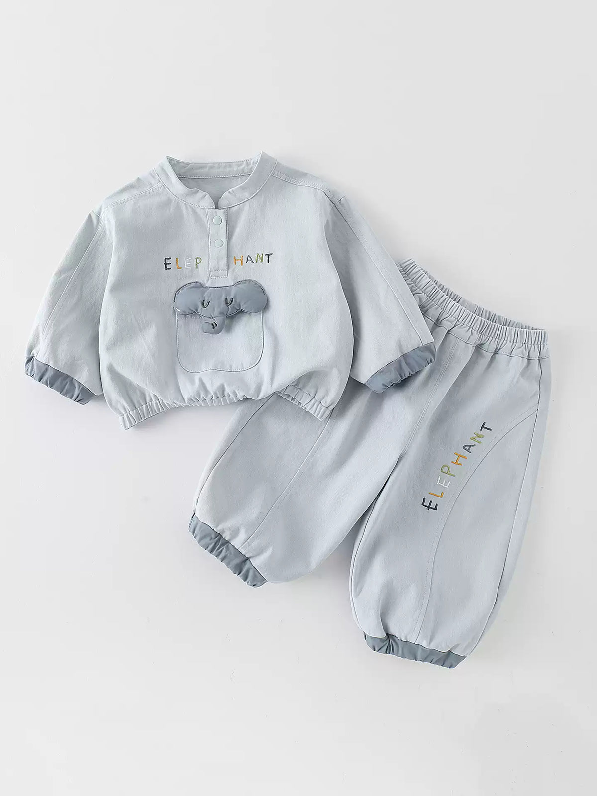[WHOLESALE ONLY - CONTACT TO ORDER] Toddler Boys Lightweight Cotton Twill Windbreaker Pullover & Balloon Jogger Pants Set - 3D Padded Elephant Pocket Tracksuit [KW-157]