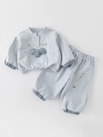 [WHOLESALE ONLY - CONTACT TO ORDER] Toddler Boys Lightweight Cotton Twill Windbreaker Pullover & Balloon Jogger Pants Set - 3D Padded Elephant Pocket Tracksuit [KW-157]