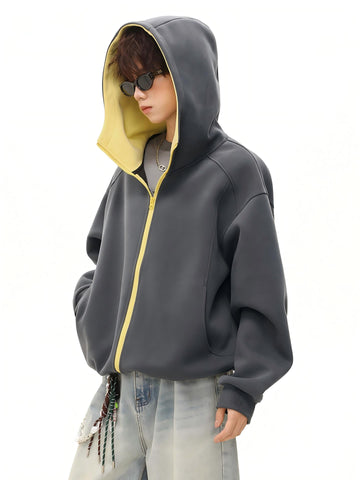 [WHOLESALE ONLY - CONTACT TO ORDER] Unisex Korean Clean Fit Heavyweight Scuba Fleece High-Neck Two-Way Full-Zip Hoodie (Charcoal Graphite / Contrast Lemon Yellow Lining) [AW-344]