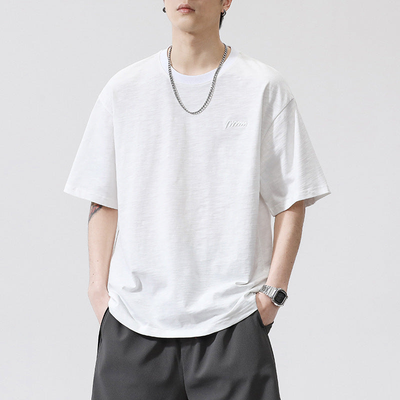 [WHOLESALE ONLY - CONTACT TO ORDER] Men's Heavyweight 100% Slub Cotton Oversized Drop-Shoulder T-Shirt with Embroidered Logo (Solid White) [AW-461]