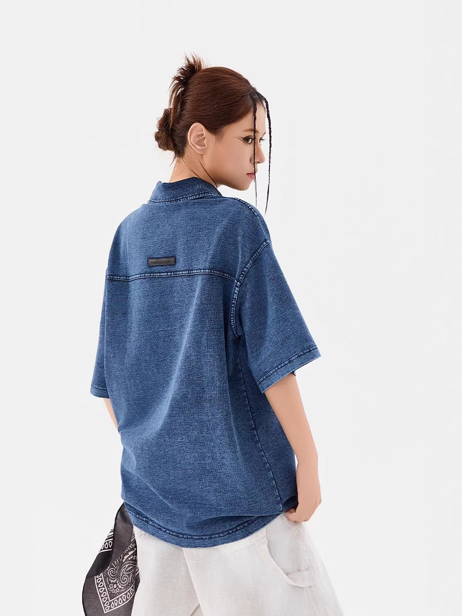 Men’s Heavyweight Washed T-Shirt – Vintage Loose Fit Drop Shoulder with Denim Collar[NA-012]