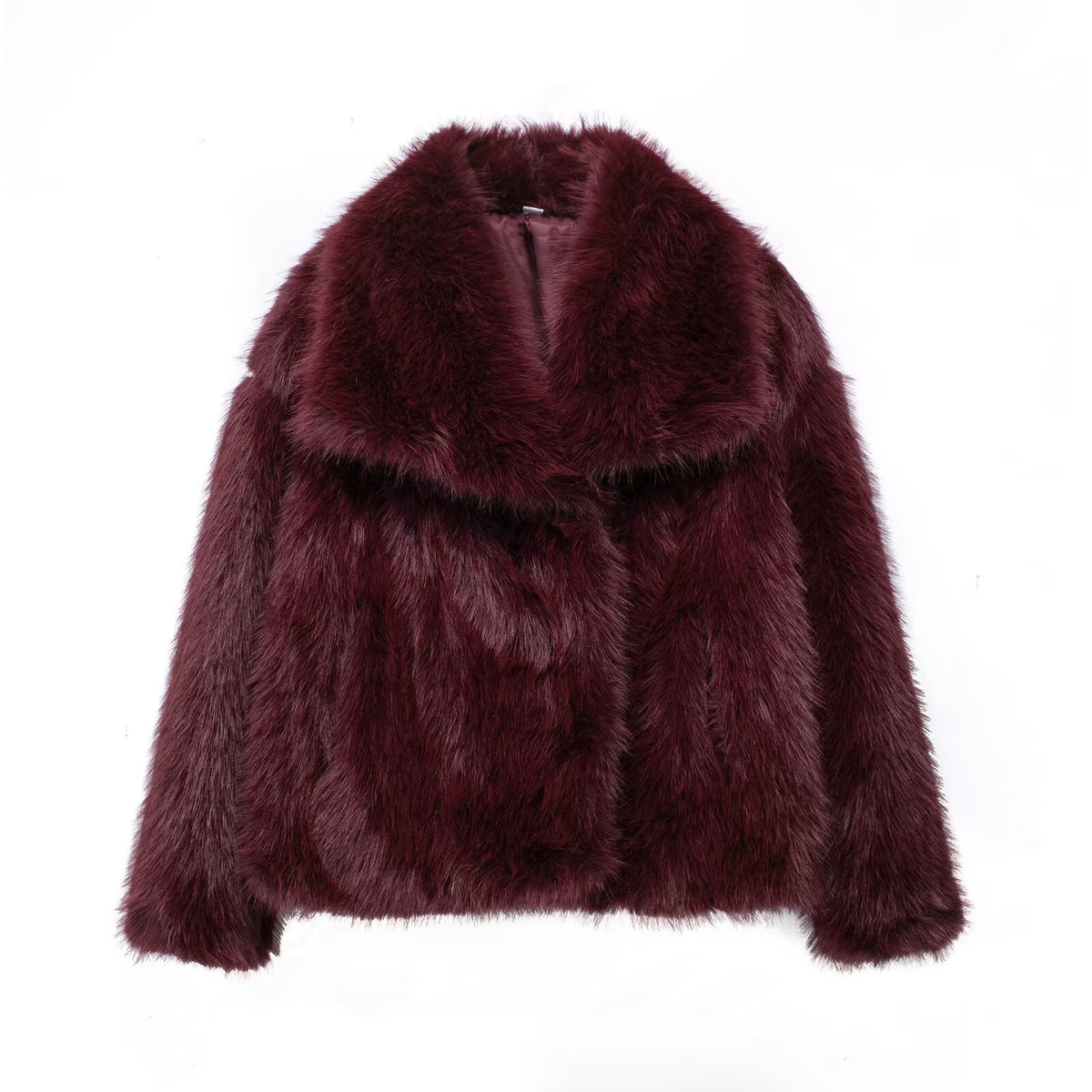 [WHOLESALE ONLY - CONTACT TO ORDER] Women's Luxurious Cropped Fluffy Faux Fur Jacket with Wide Shawl Lapel (Burgundy Wine Red) [AW-456]