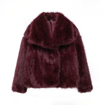 [WHOLESALE ONLY - CONTACT TO ORDER] Women's Luxurious Cropped Fluffy Faux Fur Jacket with Wide Shawl Lapel (Burgundy Wine Red) [AW-456]