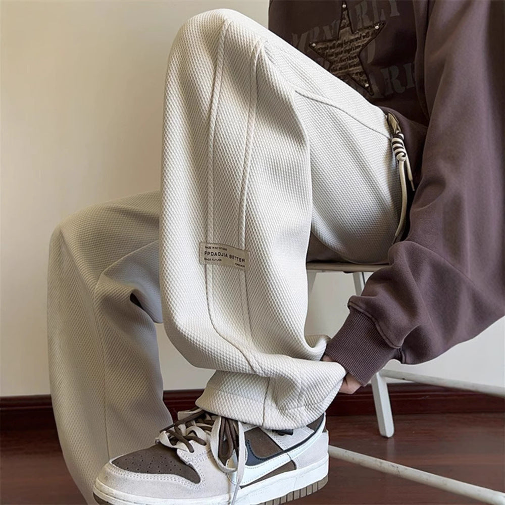 [WHOLESALE ONLY - CONTACT TO ORDER] Men's Waffle Textured Wide-Leg Baggy Sweatpants with Double Side Stripes & Drawstring (Cream White) [AW-149]