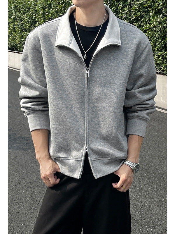 [WHOLESALE ONLY - CONTACT TO ORDER] Men's Heavyweight 75% Cotton Two-Way Zip Contrast Collar Fleece Jacket (Heather Oatmeal Grey) [AW-423]