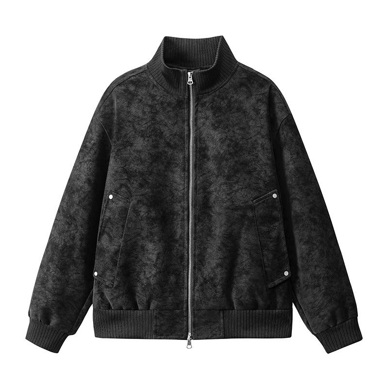 [WHOLESALE ONLY - CONTACT TO ORDER] Men's Vintage Distressed Faux Suede Stand Collar Bomber Jacket with Double Zipper & Riveted Pockets [AW-250]