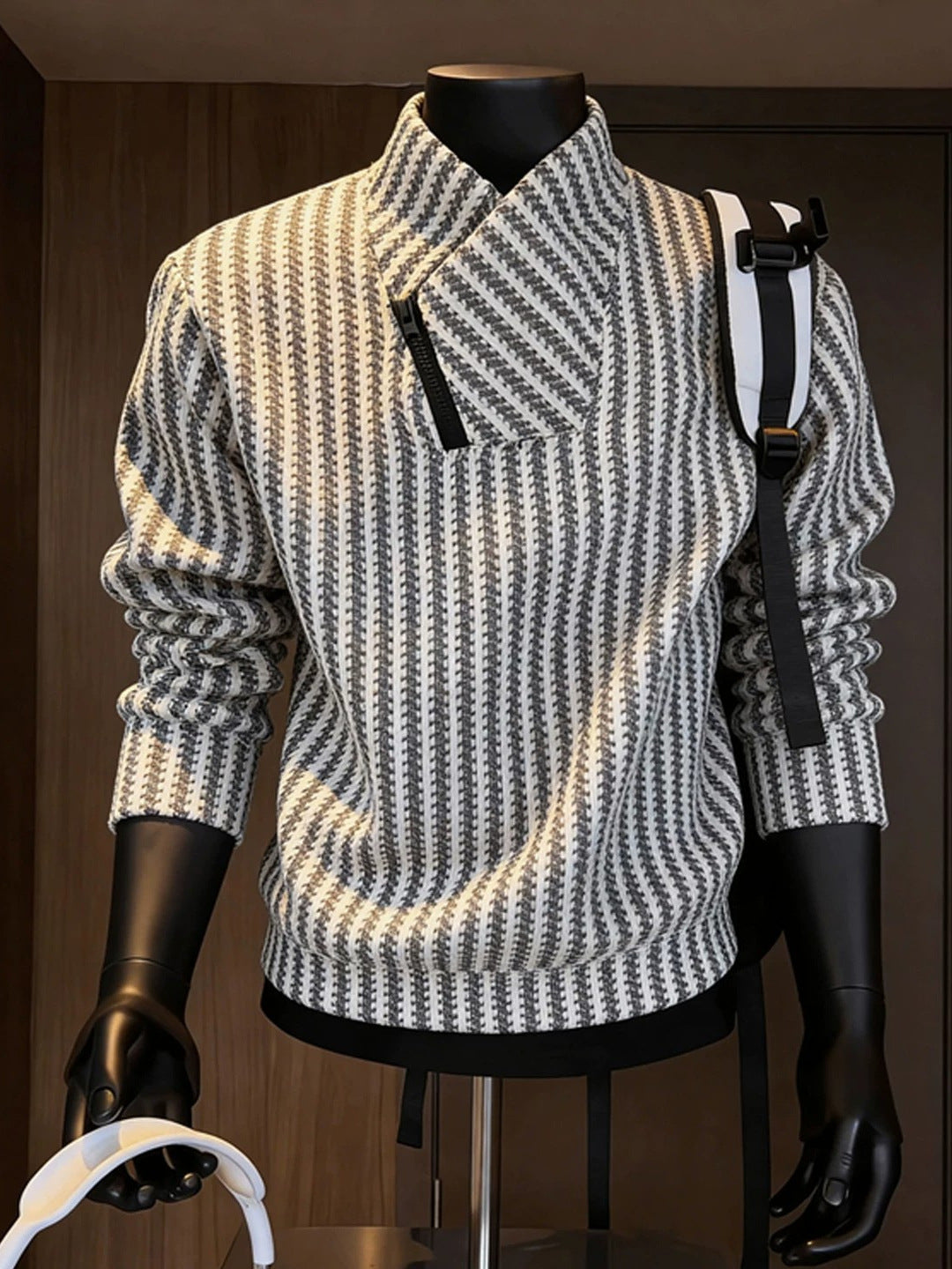[WHOLESALE ONLY - CONTACT TO ORDER] Unisex Cotton Blend Heavyweight Asymmetrical Side-Zip Chevron Jacquard Sweater (Black & White) [AW-511]