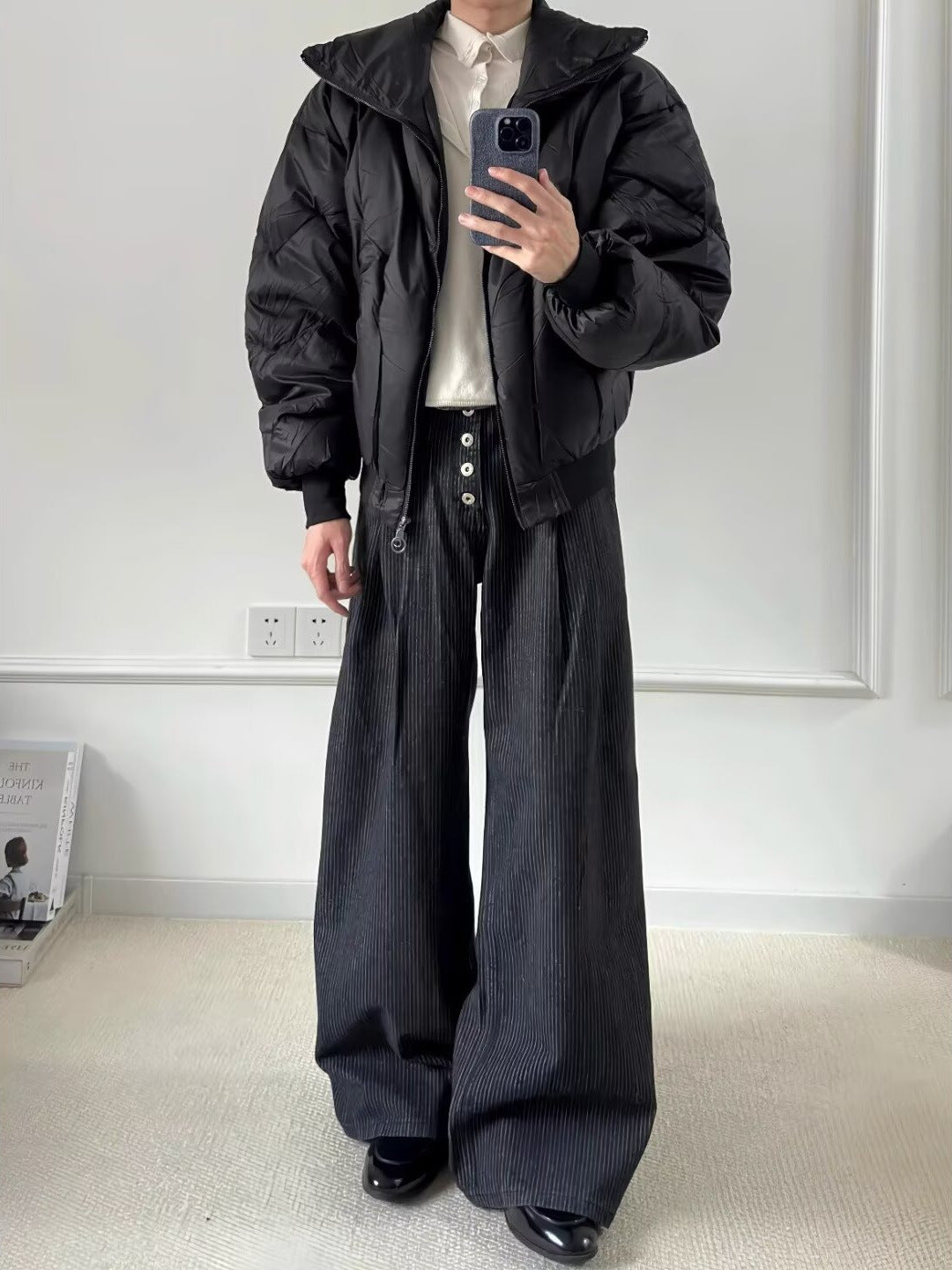 [WHOLESALE ONLY - CONTACT TO ORDER] Unisex Heavyweight 70% Cotton Multi-Button High-Waist Pleated Wide-Leg Pinstripe Trousers (Charcoal Pinstripe) [AW-367]