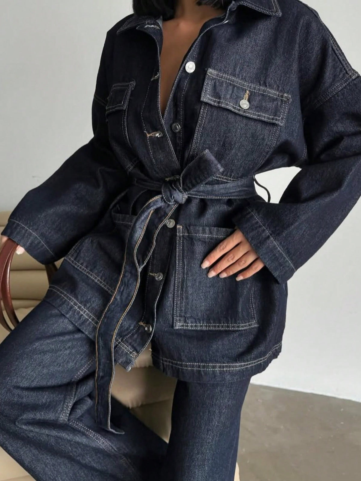 [WHOLESALE ONLY - CONTACT TO ORDER] Women's Heavyweight 100% Cotton Belted Denim Safari Utility Jacket with Wide Sleeves (Raw Indigo) [AW-459]
