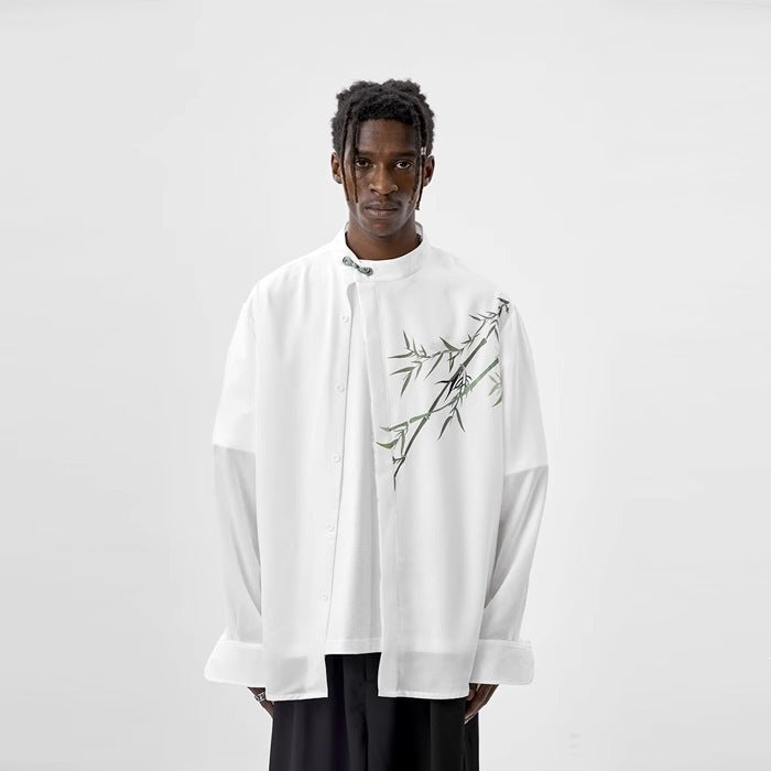 [WHOLESALE ONLY - CONTACT TO ORDER] Men's Mandarin Collar Draped Cotton Blend Long Sleeve Shirt with Bamboo Artwork & Jade Frog Button (White) [AW-445]