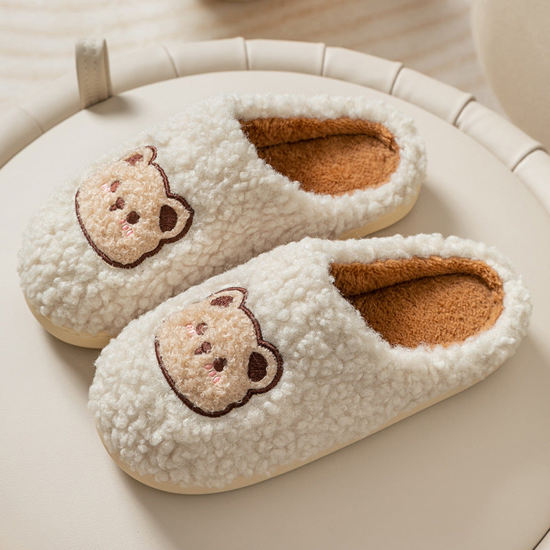 [WHOLESALE ONLY - CONTACT TO ORDER] Women's Heavyweight Curly Sherpa Fleece Embroidered Bear Winter House Slippers (Cream White) [FM-130]