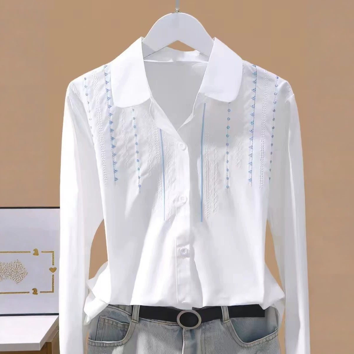 [WHOLESALE ONLY - CONTACT TO ORDER] Women's 75% Combed Cotton Embroidered Peter Pan Collar Long Sleeve Poplin Blouse Shirt (Optic White & Blue) [AW-411]
