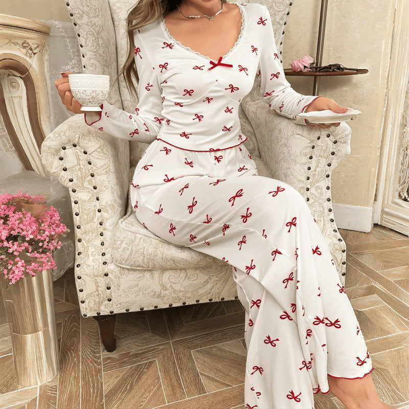 [WHOLESALE ONLY - CONTACT TO ORDER] Women's Coquette Aesthetic Ribbed Cotton Blend Red Bow Print Lace Trim Long Sleeve Pajama Set (Off-White) [AW-311]