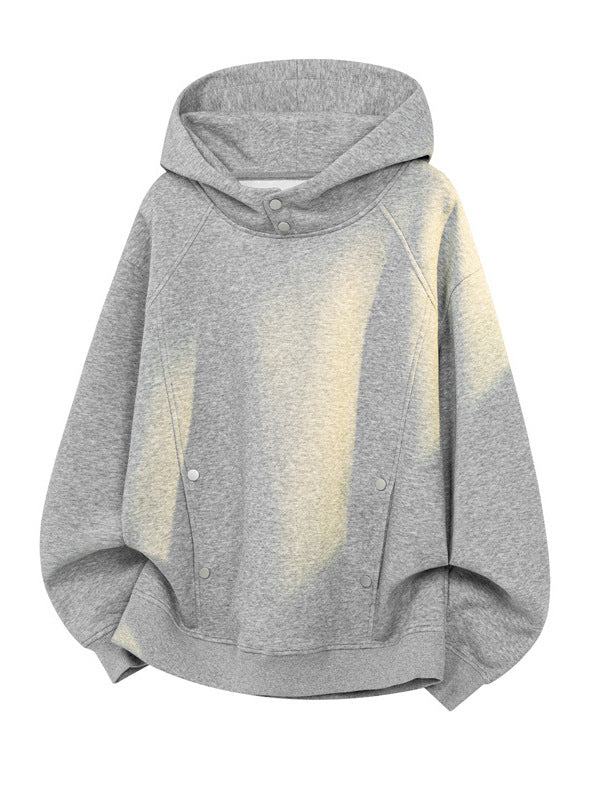 [WHOLESALE ONLY - CONTACT TO ORDER] Unisex Heavyweight 70% Cotton Snap-Button Funnel Neck Deconstructed Pullover Hoodie (Heather Grey) [AW-381]