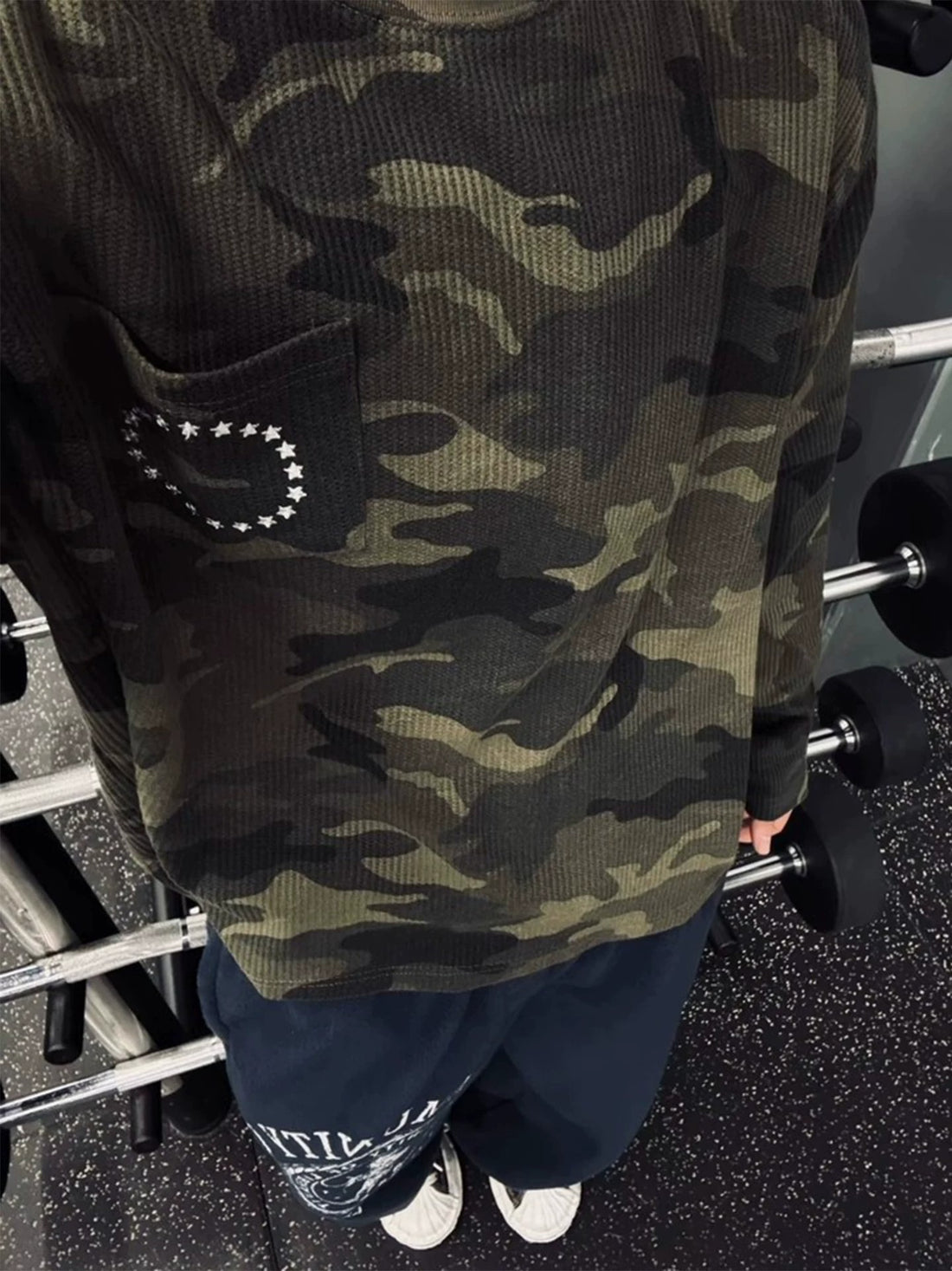 [WHOLESALE ONLY - CONTACT TO ORDER] Unisex Cotton Blend Heavyweight Waffle Knit Long Sleeve Camo Pocket Top (Woodland Camo) [AW-513]
